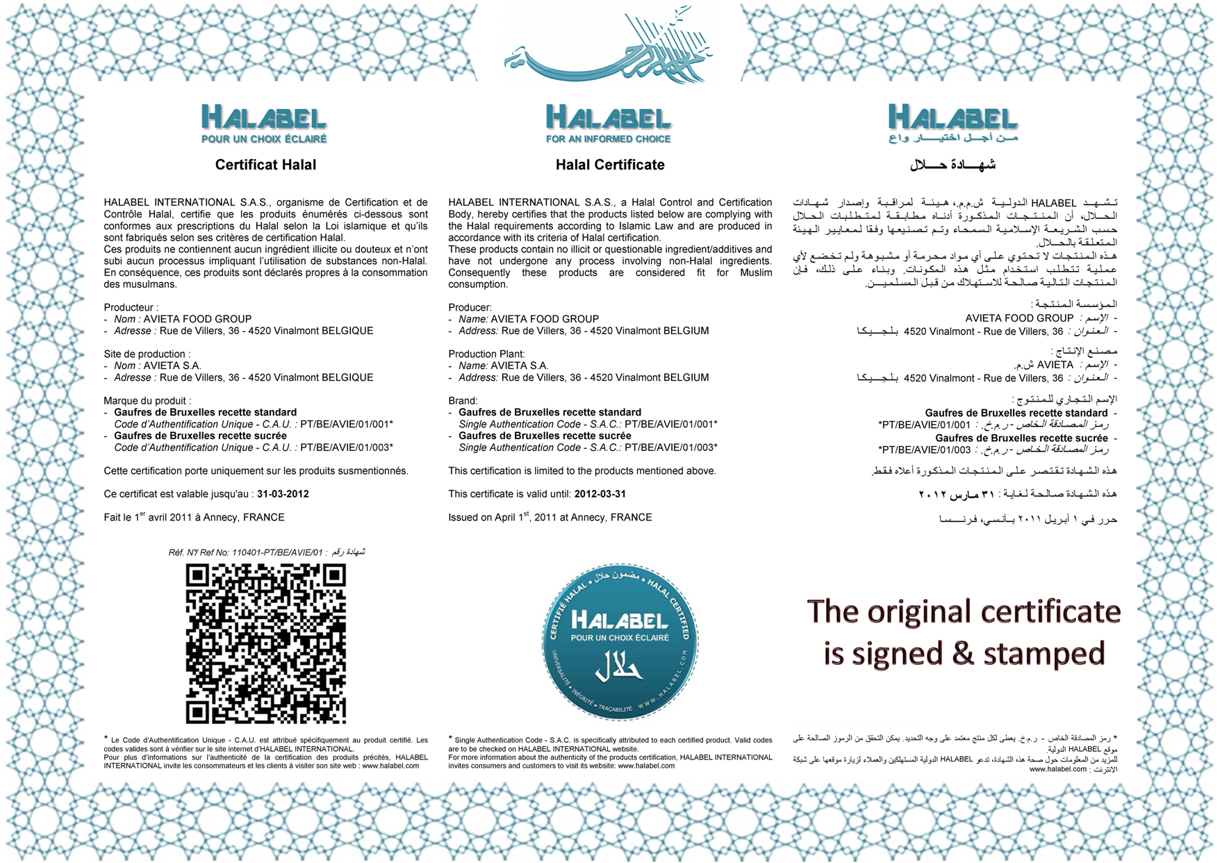Copie du certificat 110401-PT/BE/AVIE/01